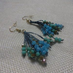 Stunning "BLUE & GOLD BEADED" Handmade Dangle Earrings #107B